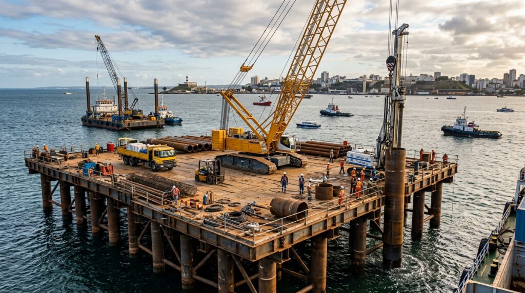 Guindaste pesado trabalha sobre uma plataforma fixa apoiada em estacas metálicas no mar.