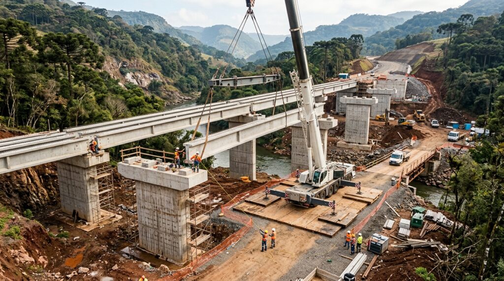 Representação de um guindaste posicionando uma viga de concreto sobre pilares durante a construção de uma ponte rodoviária na Serra Gaúcha.