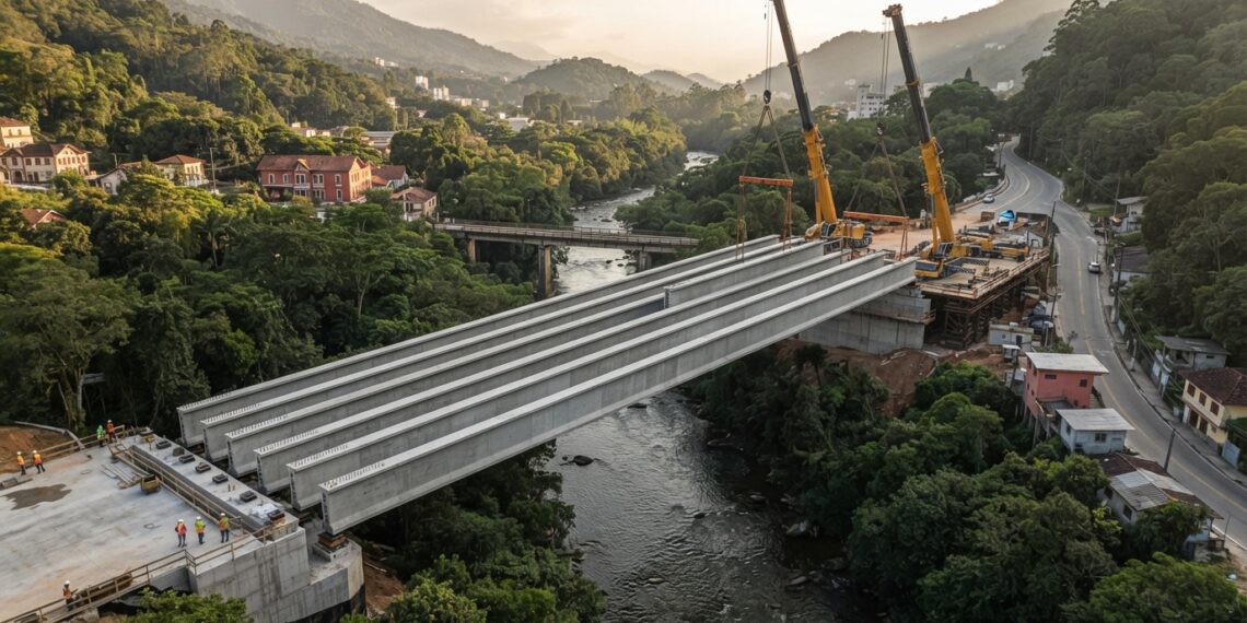 Vista inferior de uma ponte de concreto sobre o Rio Piabanha, mostrando vigas apoiadas em encontros nas margens e o vão livre sobre a água.