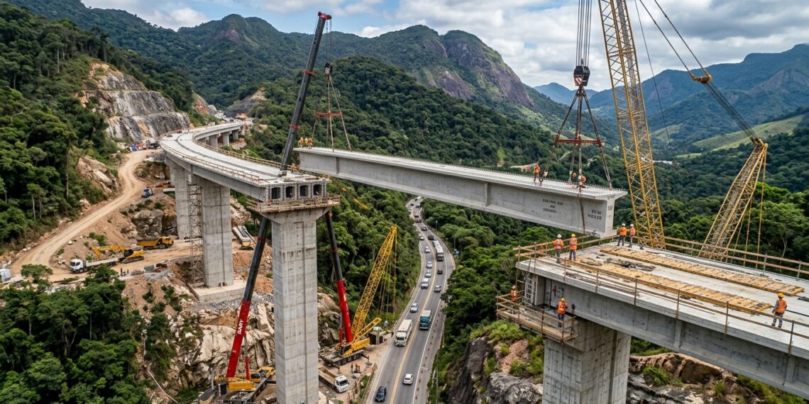 Viga pré-moldada é içada entre pilares de um novo viaduto na Serra das Araras.