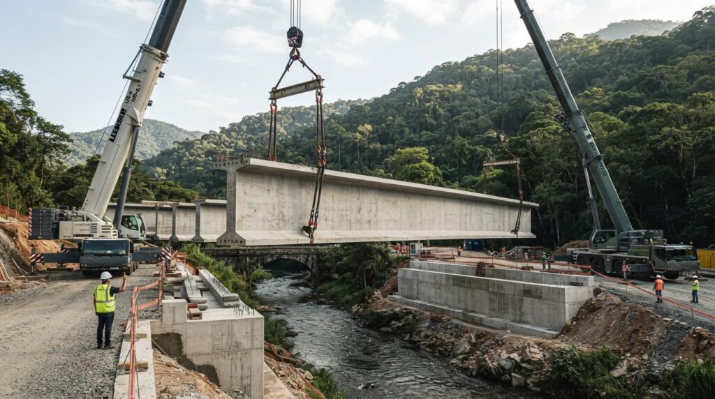 Montagem de quatro cenas mostrando os apoios de uma ponte, o transporte de uma viga de concreto, seu içamento por guindastes e a construção do tabuleiro sobre o Rio Piabanha.