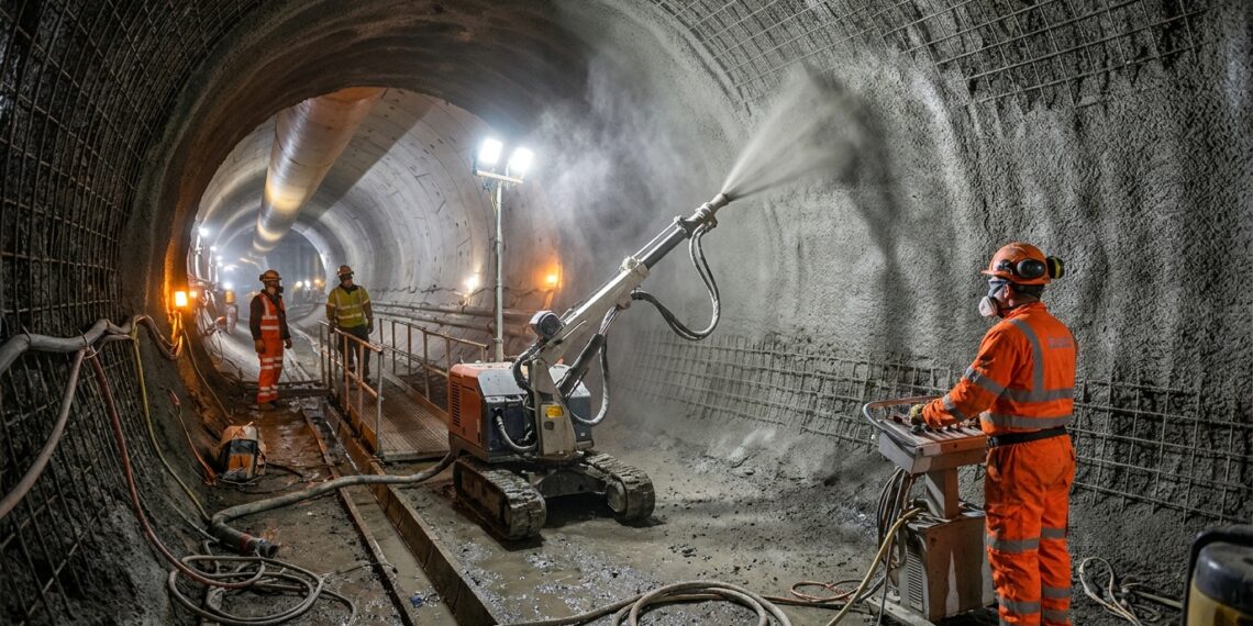 Representação em corte dos dois túneis ferroviários paralelos do Northolt Tunnel, conectados por uma galeria subterrânea em construção.