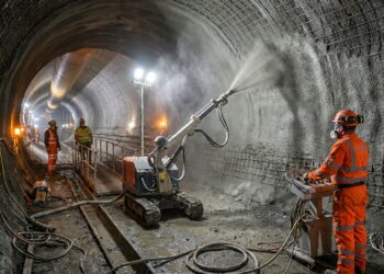 Representação em corte dos dois túneis ferroviários paralelos do Northolt Tunnel, conectados por uma galeria subterrânea em construção.