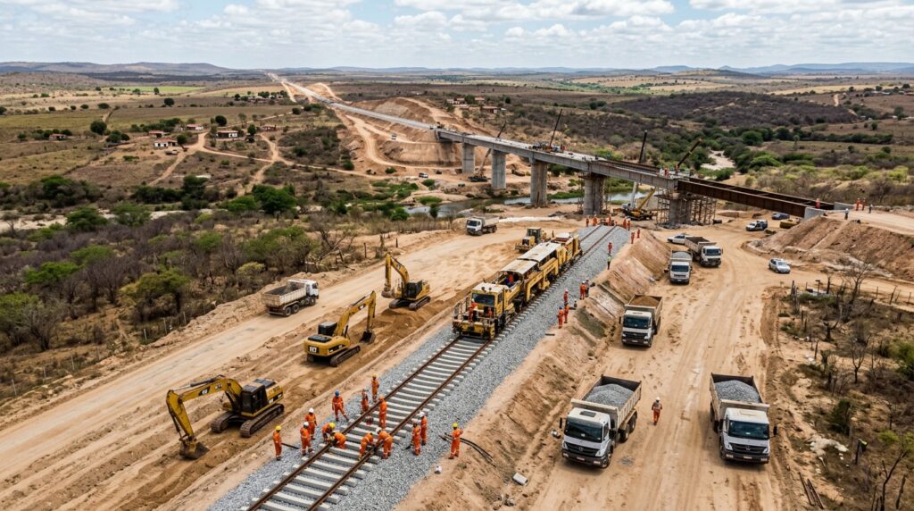 Máquinas constroem uma nova ferrovia de carga no interior do Piauí.