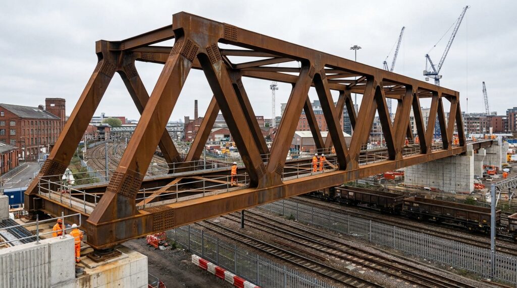 Enorme ponte de aço corten com treliça triangular atravessa um corredor ferroviário em Birmingham, na Inglaterra.