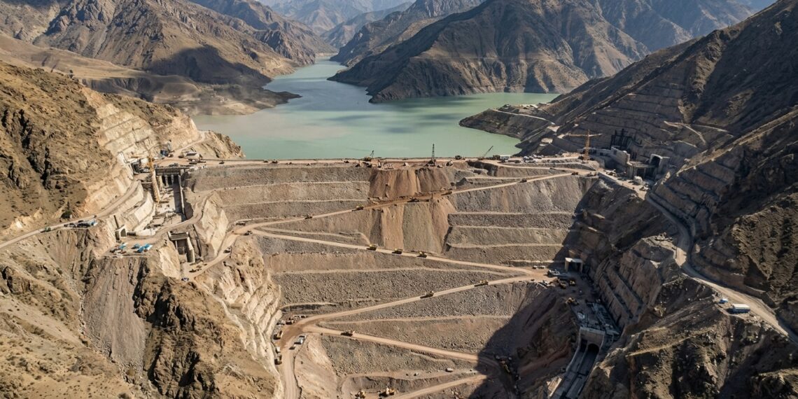 Barragem de Rogun sobe entre montanhas enquanto o reservatório começa a ocupar o vale do rio Vakhsh.