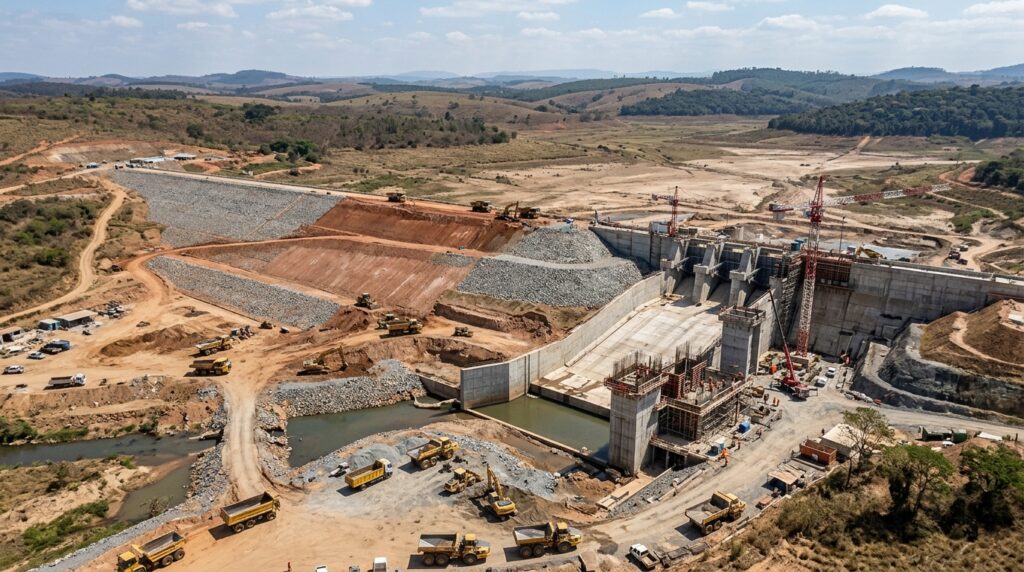 Nova barragem em construção no interior de São Paulo com grande área destinada ao futuro reservatório.