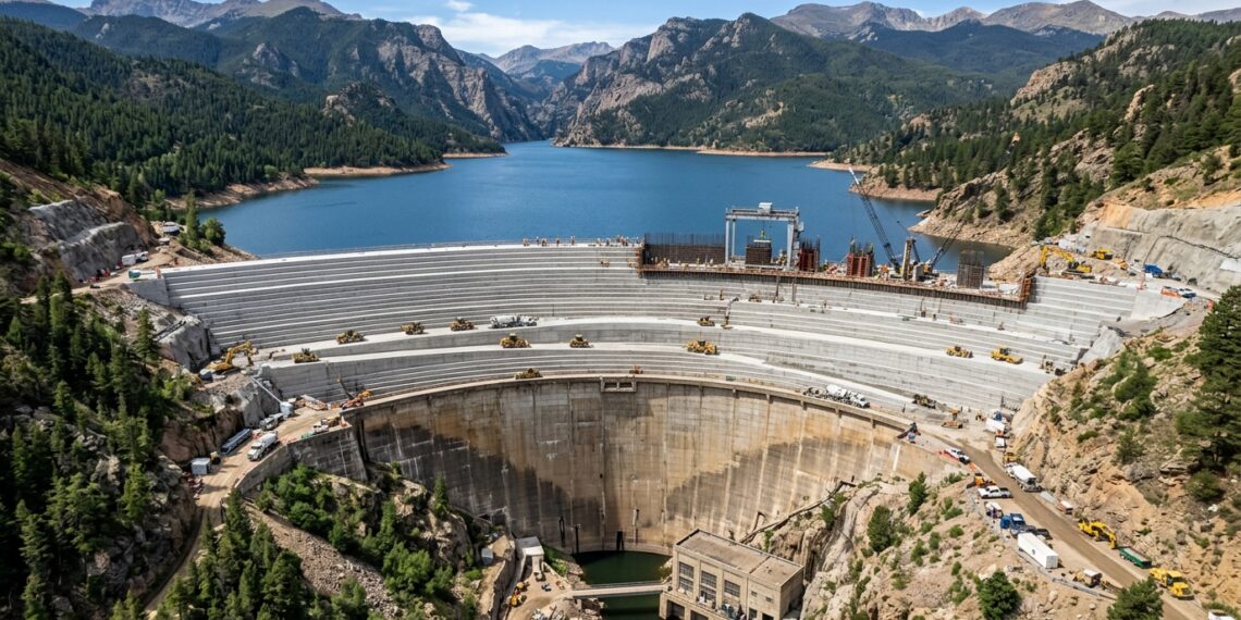 Gross Dam recebe novas camadas de concreto sobre a estrutura existente para aumentar sua altura.
