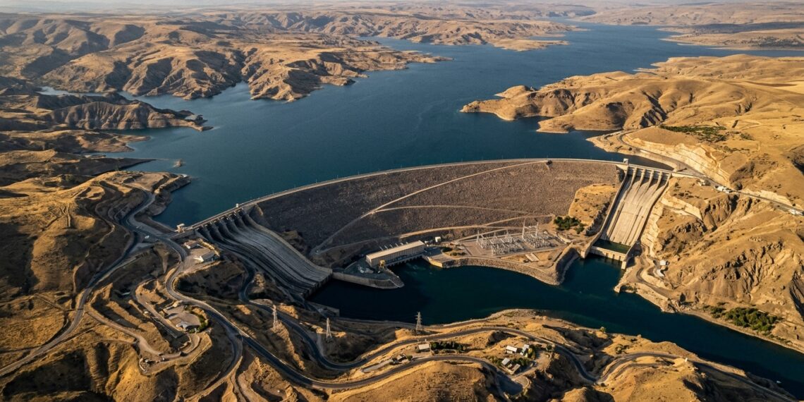 Vista aérea da Barragem de Atatürk e de seu enorme reservatório no sudeste da Turquia.