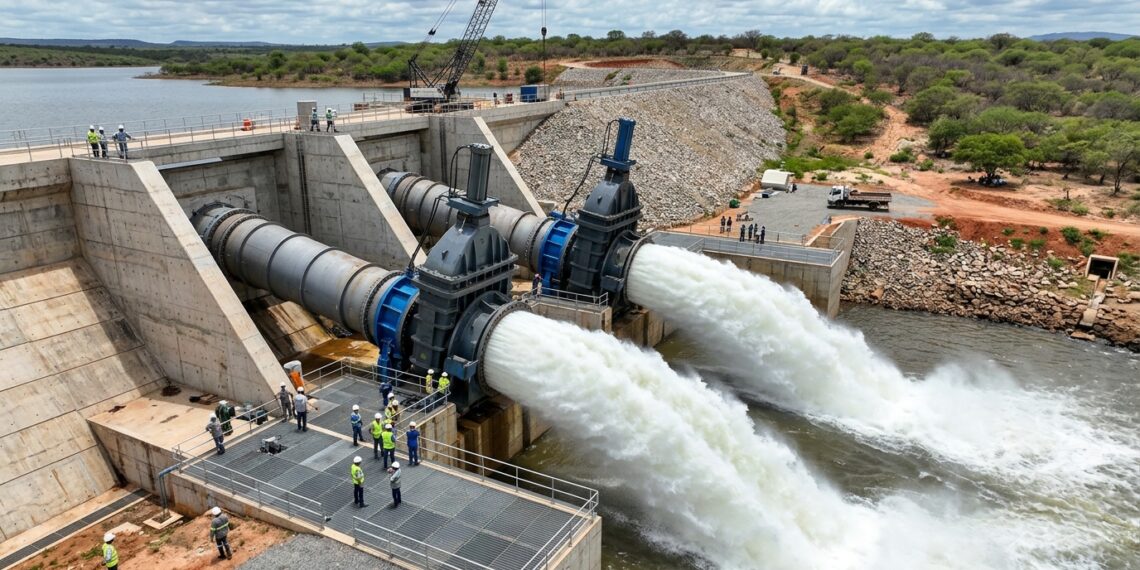 Duas grandes válvulas hidráulicas liberam água de forma controlada em uma barragem do Rio Grande do Norte.