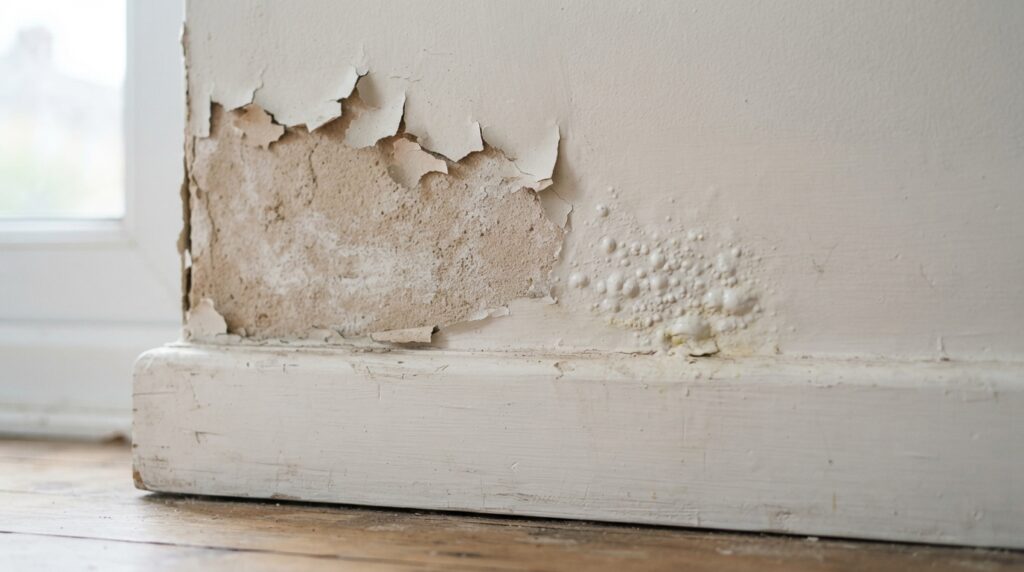 Detalhe de tinta levantada, bolhas e reboco exposto em uma parede com sinais de deterioração.