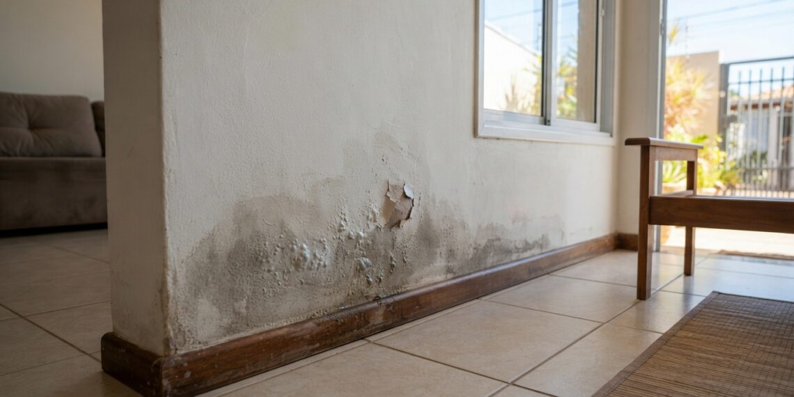Parede interna com manchas de umidade, tinta estufada e reboco descascando próximo ao rodapé.