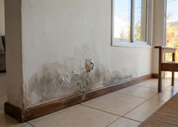 Parede interna com manchas de umidade, tinta estufada e reboco descascando próximo ao rodapé.