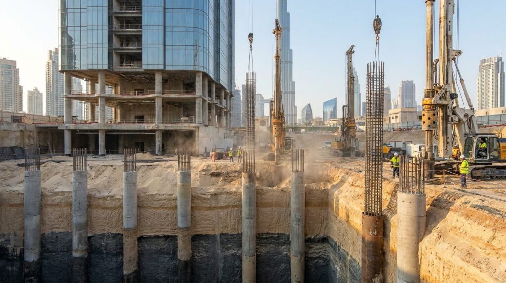 Estacas escavadas de concreto armado atravessando camadas do solo durante a construção de uma fundação profunda.