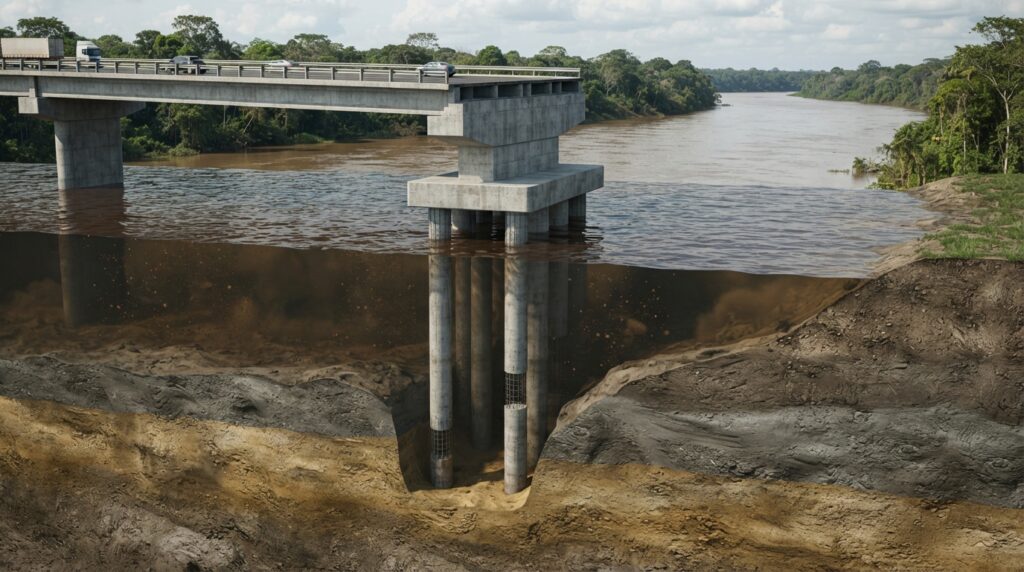 Ilustração técnica em corte mostra estacas profundas de concreto atravessando camadas de lama e argila para sustentar o pilar de uma ponte.