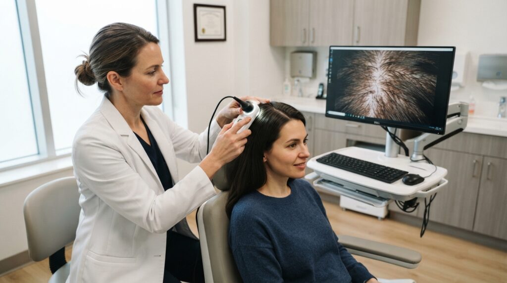 Dermatologista examinando o couro cabeludo com tricoscópio durante uma consulta para investigar o afinamento capilar.