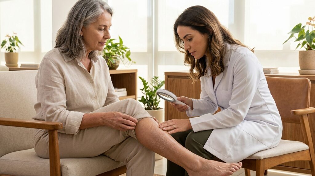 Dermatologista avalia pele seca e fissurada em mulher com mais de 50 anos.