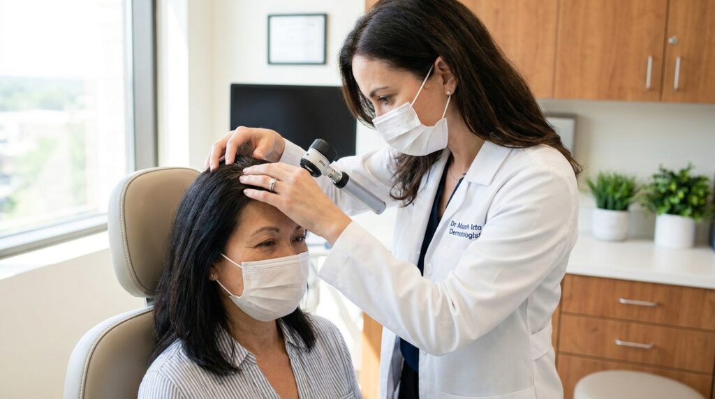 Dermatologista examinando o couro cabeludo de uma paciente com auxílio de um dermatoscópio.