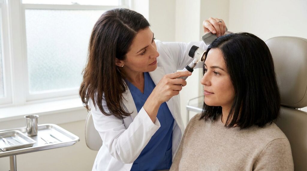 Dermatologista examinando o couro cabeludo de uma paciente com um dermatoscópio durante uma consulta.