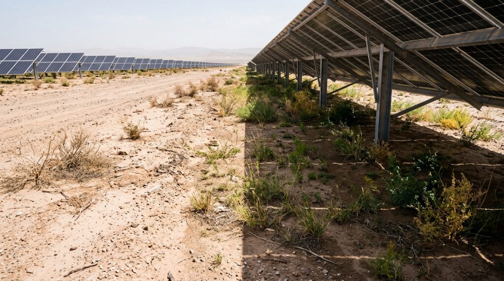 Comparação mostra solo desértico exposto ao sol e área sombreada por painéis fotovoltaicos.