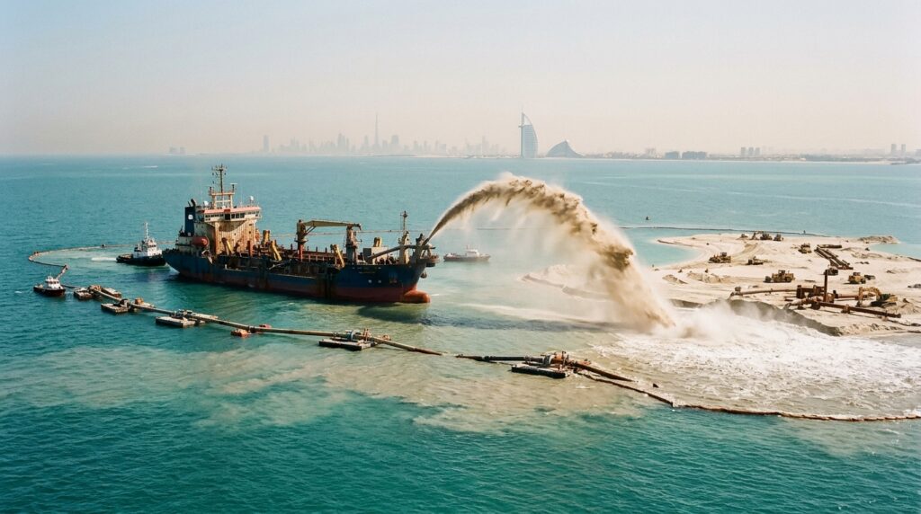 Navio de dragagem transporta areia para a construção de uma ilha artificial na costa de Dubai.