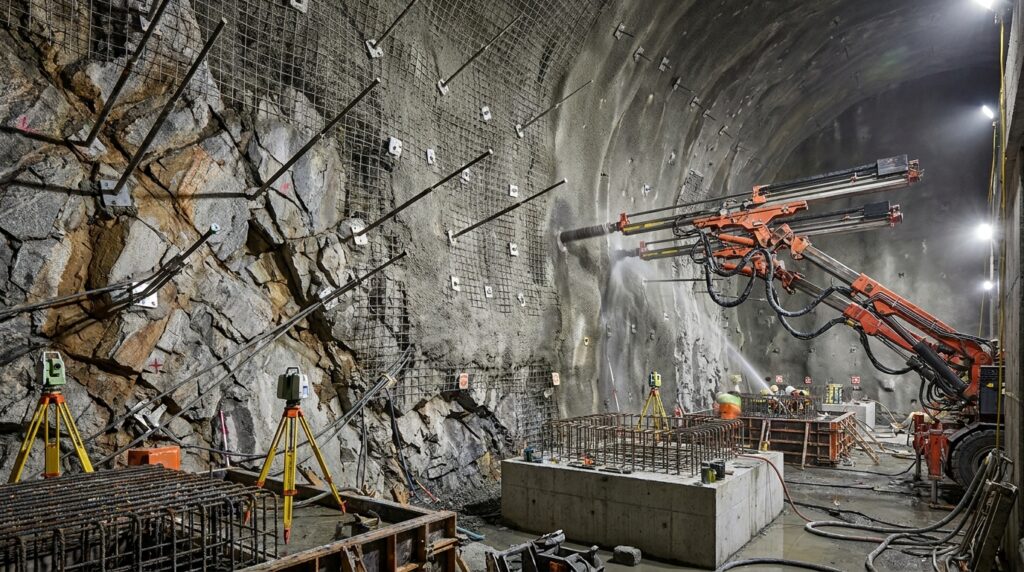 Corte mostra tirantes, concreto projetado e monitoramento nas paredes da caverna.