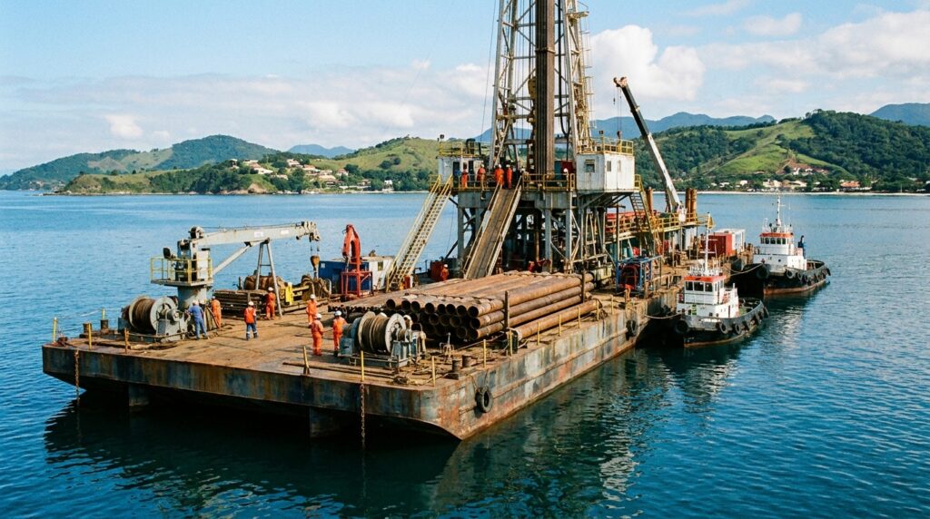 Plataforma flutuante com equipamentos de sondagem investiga o solo marinho para o projeto de uma ponte.