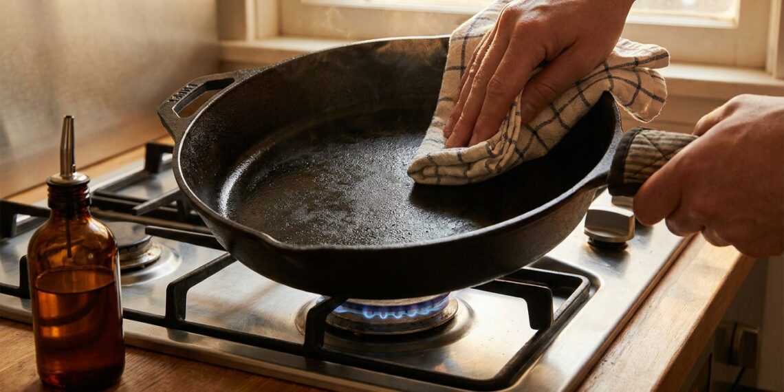 Panela de ferro fundido sendo seca cuidadosamente sobre o fogão em fogo baixo.