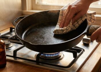 Panela de ferro fundido sendo seca cuidadosamente sobre o fogão em fogo baixo.