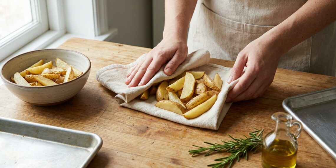 Batatas cortadas sendo secas com um pano limpo antes de receberem azeite e irem ao forno.