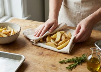 Batatas cortadas sendo secas com um pano limpo antes de receberem azeite e irem ao forno.