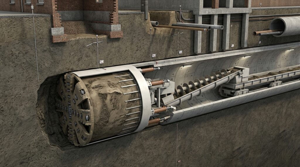Corte técnico mostra uma tuneladora EPB controlando a pressão do solo durante a escavação sob edifícios de Londres.