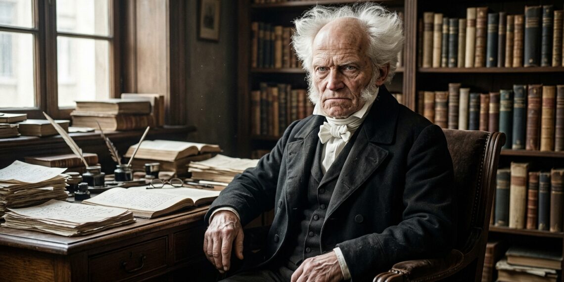 Retrato artístico de Arthur Schopenhauer em um ambiente inspirado em seu século.