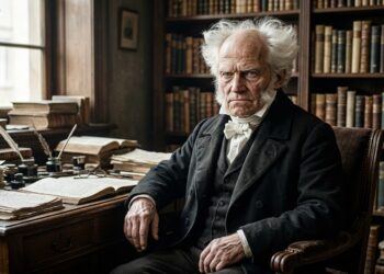 Retrato artístico de Arthur Schopenhauer em um ambiente inspirado em seu século.