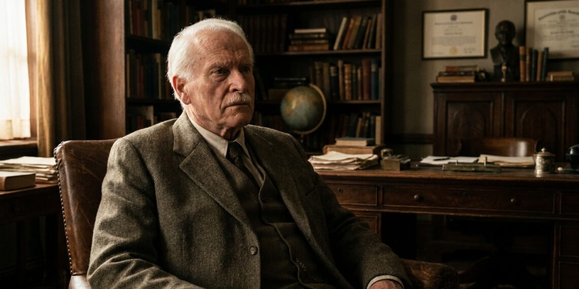 Carl Jung em seu escritório, refletindo sobre a relação entre o inconsciente e as escolhas humanas.