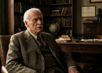 Carl Jung em seu escritório, refletindo sobre a relação entre o inconsciente e as escolhas humanas.