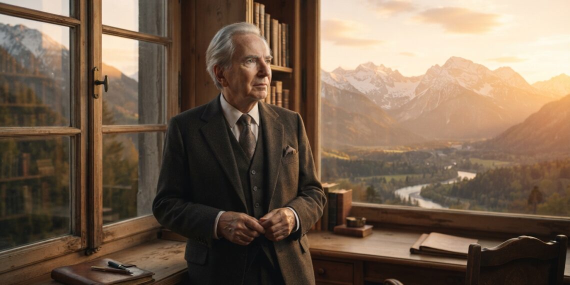 Retrato conceitual de Viktor Frankl em um ambiente contemplativo, associado à busca por sentido e propósito na vida.