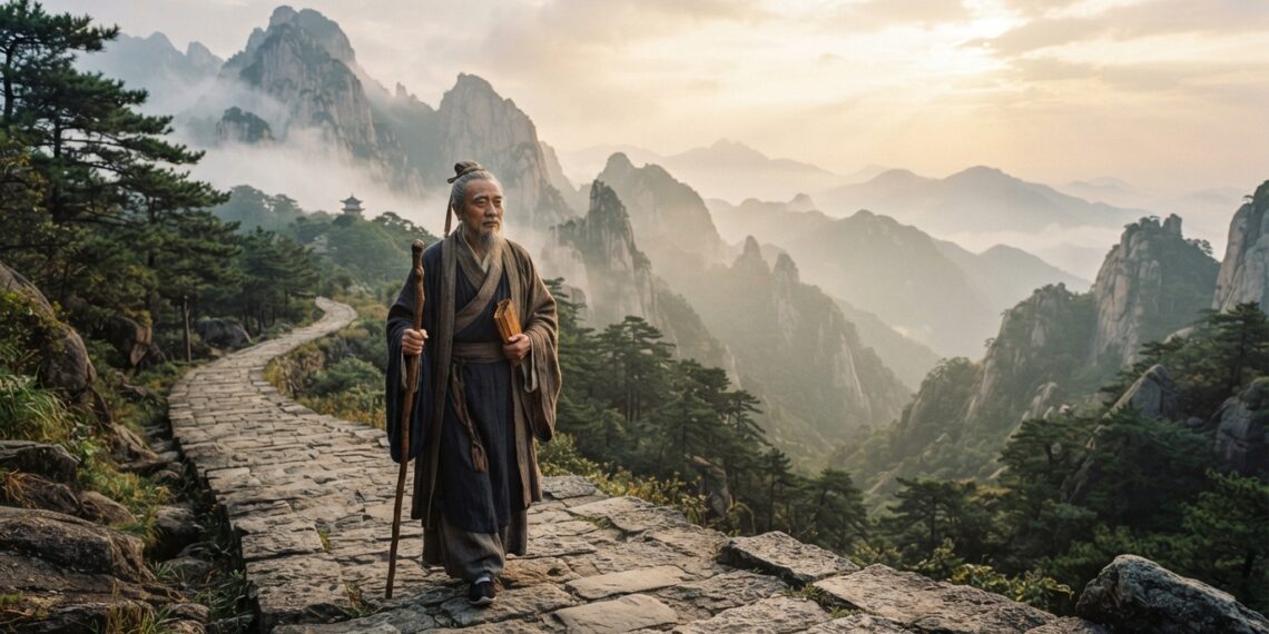 Representação artística de Confúcio caminhando por uma trilha nas montanhas chinesas, símbolo de paciência e perseverança.