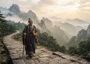Representação artística de Confúcio caminhando por uma trilha nas montanhas chinesas, símbolo de paciência e perseverança.