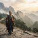 Representação artística de Confúcio caminhando por uma trilha nas montanhas chinesas, símbolo de paciência e perseverança.