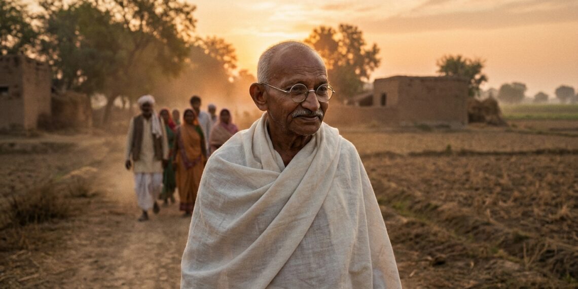 Representação artística de Mahatma Gandhi caminhando ao amanhecer, em uma imagem sobre coerência pessoal e transformação coletiva.