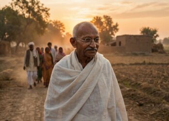 Representação artística de Mahatma Gandhi caminhando ao amanhecer, em uma imagem sobre coerência pessoal e transformação coletiva.