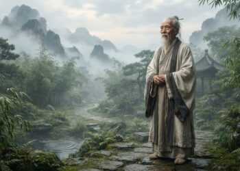 Lao-Tsé, filósofo chinês representado como um sábio idoso em um jardim tradicional, simbolizando sabedoria e autodomínio.