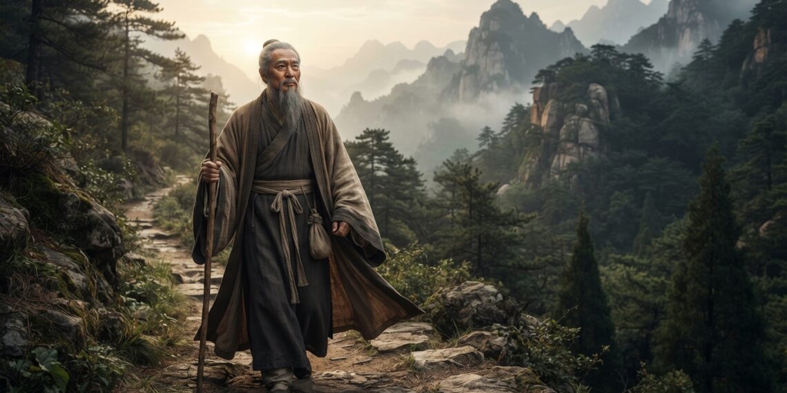 Representação de Confúcio caminhando lentamente por uma trilha nas montanhas da China antiga, durante o amanhecer.