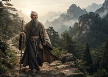 Representação de Confúcio caminhando lentamente por uma trilha nas montanhas da China antiga, durante o amanhecer.