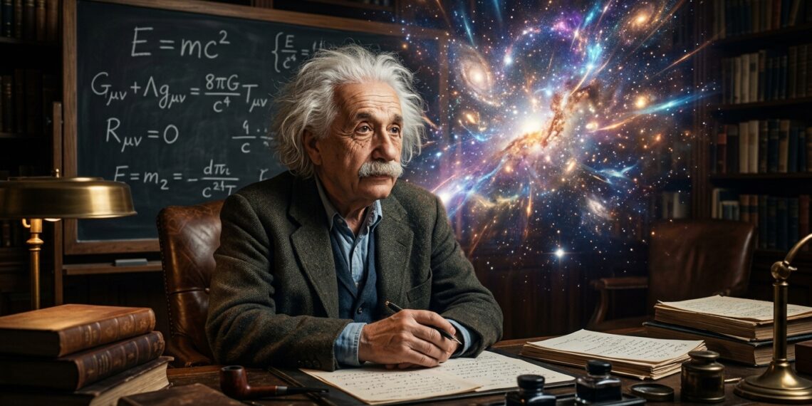 Cientista inspirado em Albert Einstein em um escritório, com fórmulas ao fundo se transformando em uma cena cósmica luminosa.