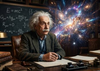 Cientista inspirado em Albert Einstein em um escritório, com fórmulas ao fundo se transformando em uma cena cósmica luminosa.