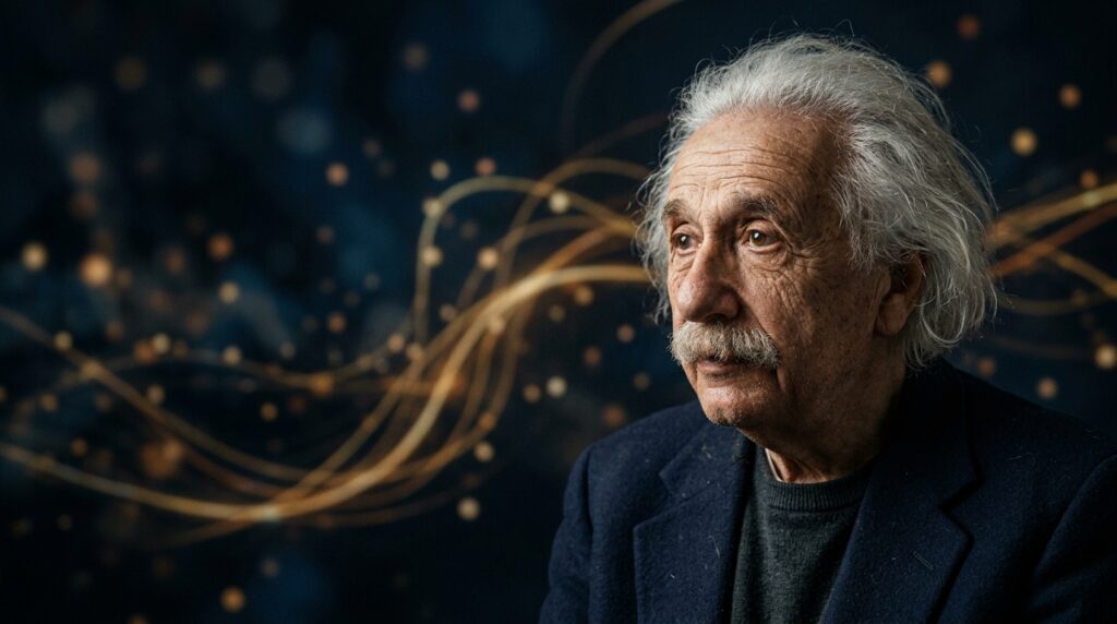 Cientista inspirado em Einstein observa ao longe com expressão reflexiva em fundo escuro com luzes suaves.