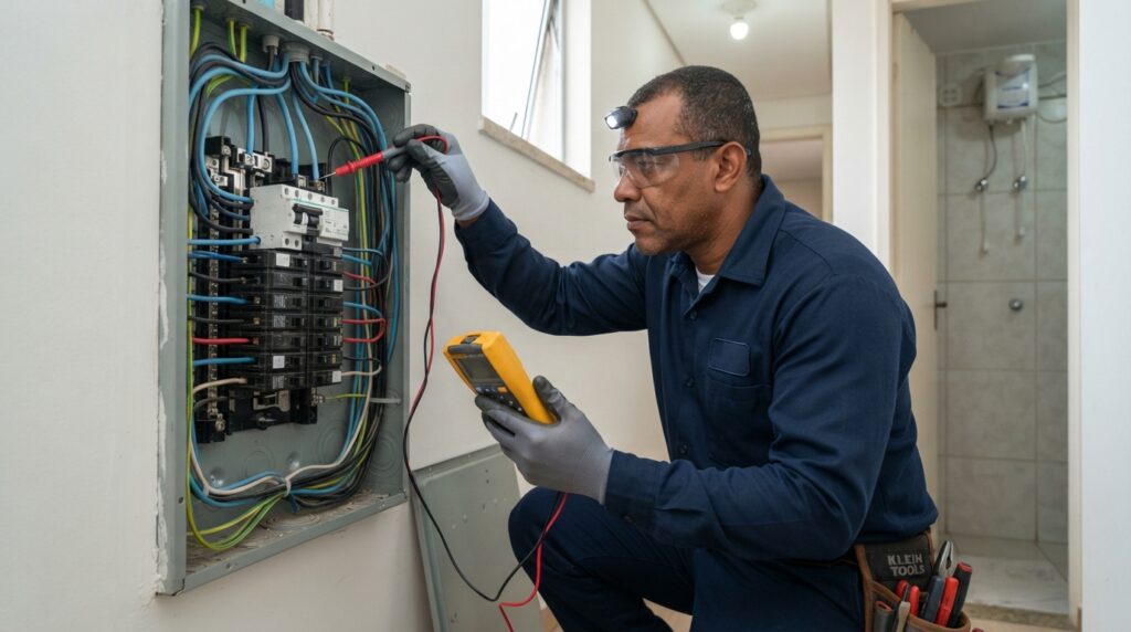 Eletricista qualificado inspeciona o quadro de distribuição de uma residência para verificar a instalação elétrica.