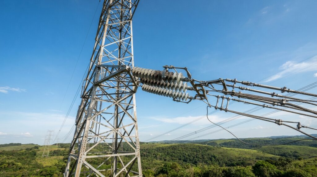 Detalhe da estrutura metálica de uma torre de transmissão elétrica, com isoladores e feixes de cabos de alta tensão.